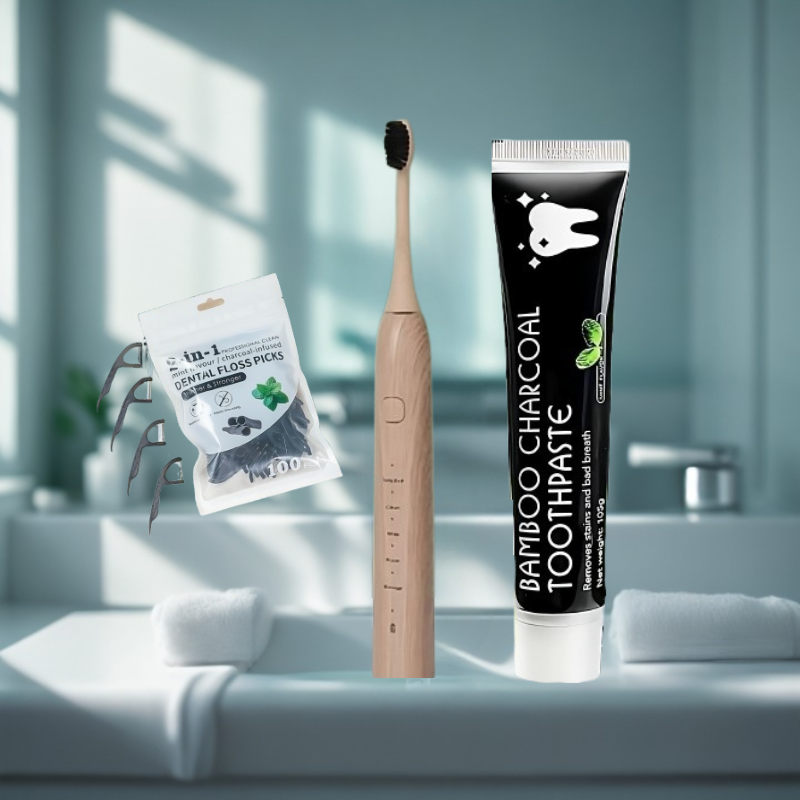Pack Trio Eclat Naturel brosse a dent électrique en bambou - dentifrice - fil dentaire